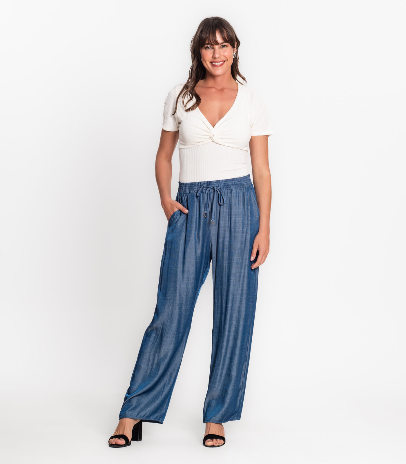 Calça Pantalona Com Cordão Em Liocel Rovitex Azul P