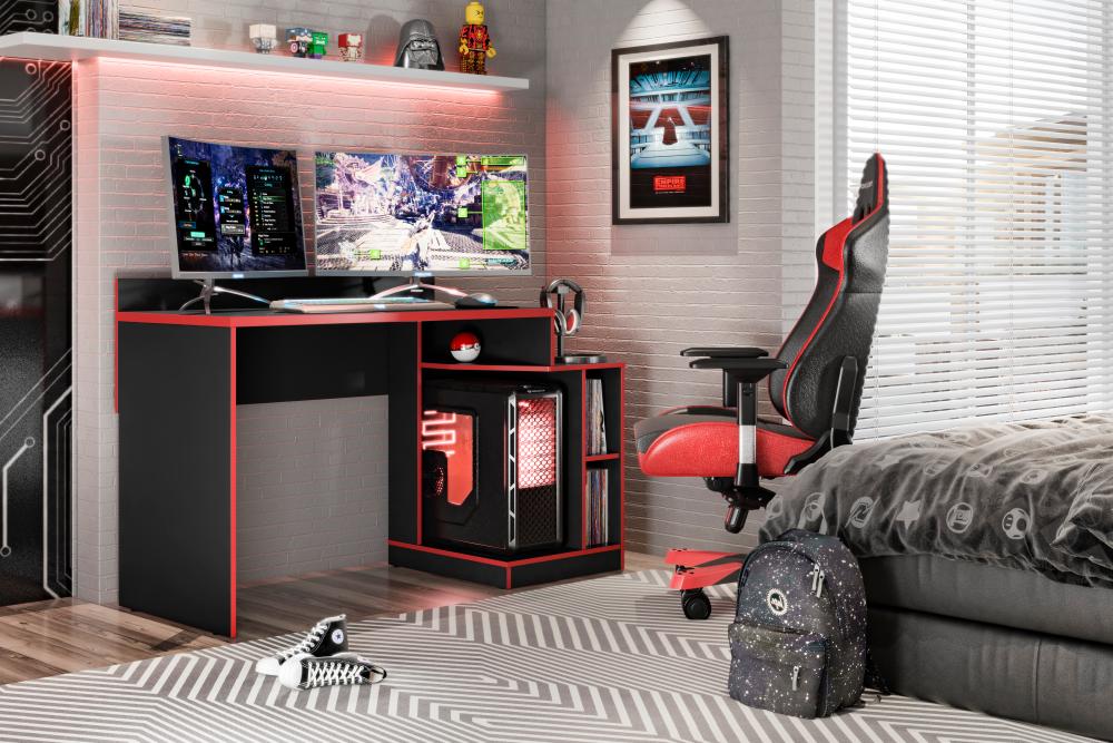 Mesa Gamer Escrivaninha Para Computador Móveis Albatroz - Preto Fosco Liso / Vermelho