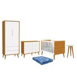 Dormitório Theo 2 Portas, Cômoda 6 Gavetas, Berço, Mesa De Canto Branco/savana Com Pés Amadeirado E Colchão - Reller Móveis