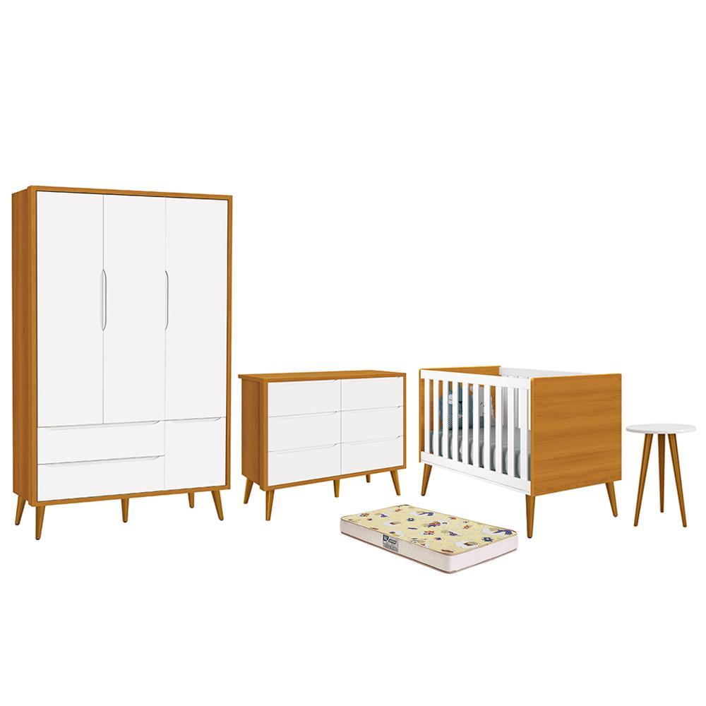 Dormitório Infantil Theo 3 Portas, Cômoda 6 Gavetas, Berço, Mesa De Canto Branco/savana Com Pés Amadeirado E Colchão - Reller Móveis