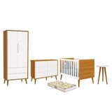Dormitório Infantil Theo 2 Portas, Cômoda 6 Gavetas, Berço, Mesa De Canto Branco/savana Com Pés Amadeirado E Colchão - Reller Móveis