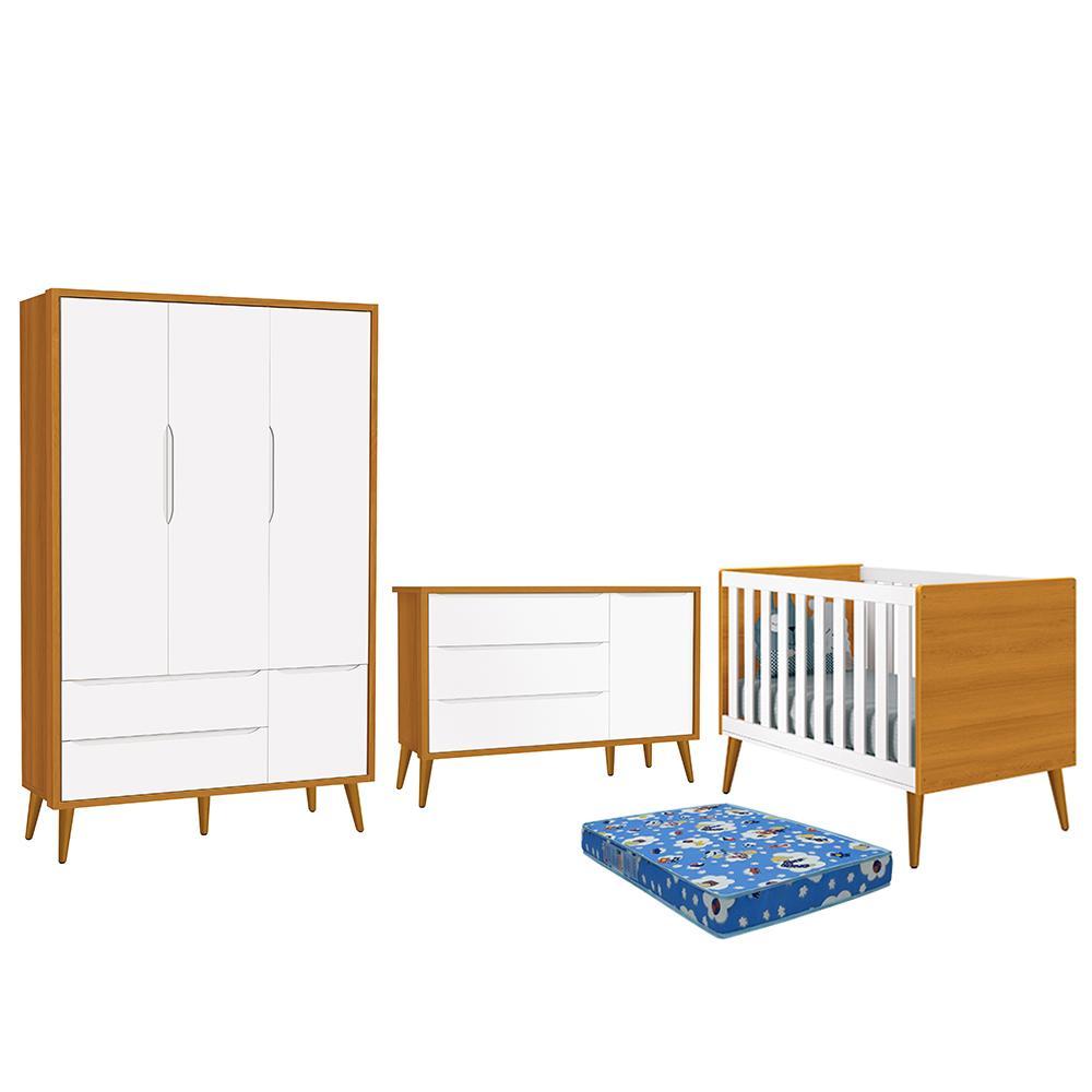 Dormitório Infantil Theo Retrô 3 Portas, Cômoda 1 Porta, Berço Branco/savana Com Pés Amadeirado E Colchão - Reller Móveis