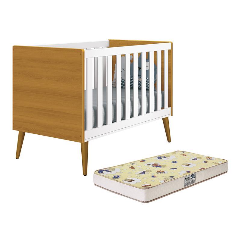 Berço Mini Cama Theo Retrô Branco/savana Com Pés Amadeirado E Colchão D18 - Reller Móveis