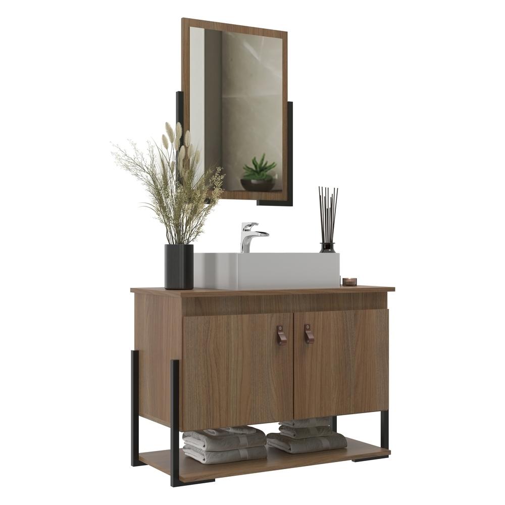 Gabinete Banheiro 60cm 2 Portas Com Cuba E Espelheira Multimóveis Cr10106 Noce