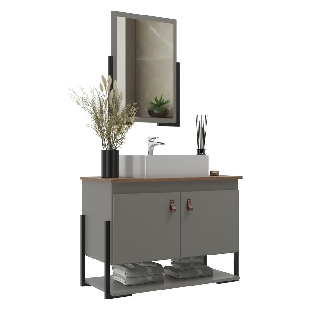 Gabinete Banheiro 60cm 2 Portas Com Cuba E Espelheira Multimóveis Cr10106 Cimento/noce