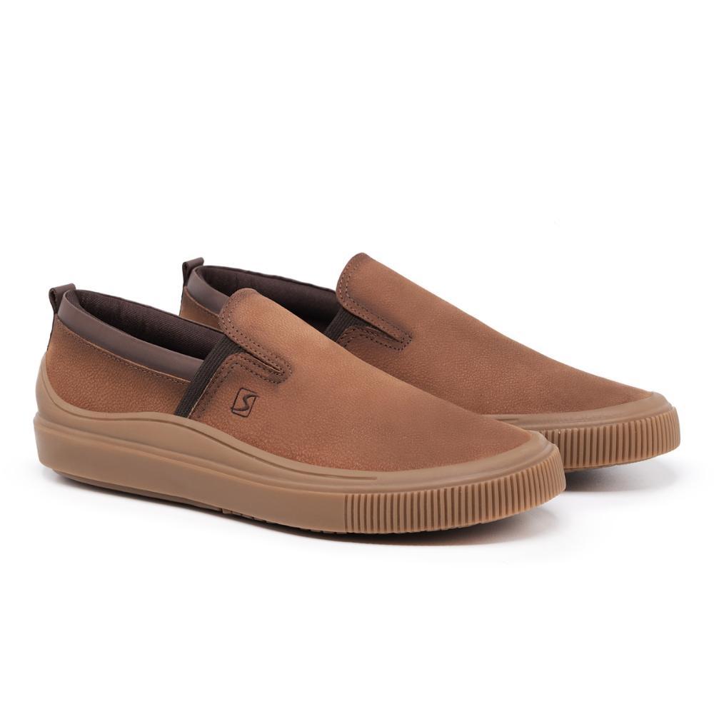 Slip On Masculino Couro Calce Fácil Elástico Casual Moderno Marrom Claro 38