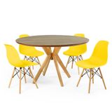 Conjunto Mesa De Jantar Redonda Marci Premium Natural 120cm Com 4 Cadeiras Eames Eiffel - Amarelo