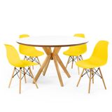 Conjunto Mesa De Jantar Redonda Marci Premium Branca 120cm Com 4 Cadeiras Eames Eiffel - Amarelo