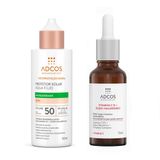 Kit Protetor Solar Adcos Aqua Fluid Nude Fps 50 50ml E Vitamina C 15 + Ácido Hialurônico Adcos Sérum Anti-idade 15ml