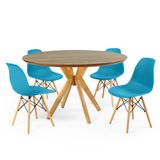 Conjunto Mesa De Jantar Redonda Marci Premium Natural 120cm Com 4 Cadeiras Eames Eiffel - Turquesa