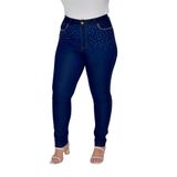 Calça Feminina Skinny Jeans Escuro E Strass No Bolso Com Pedraria