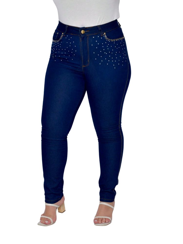 Calça Feminina Skinny Jeans Escuro E Strass No Bolso Com Pedraria