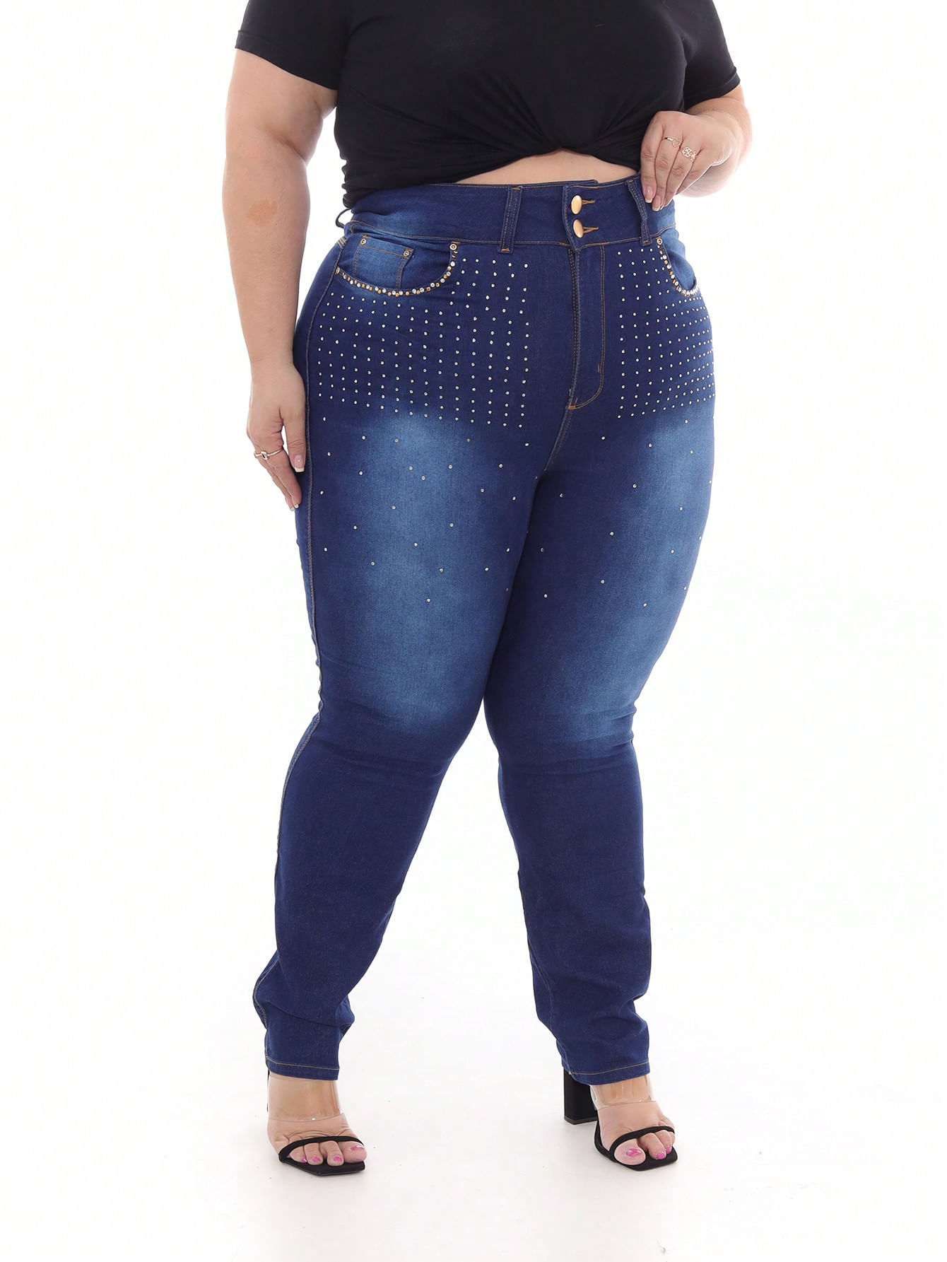 Calça Feminina Skinny Jeans Simples Plus Size Com Bolinhas De Diamante