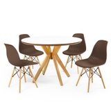 Conjunto Mesa De Jantar Redonda Marci Premium Branca 100cm Com 4 Cadeiras Eames Eiffel - Marrom