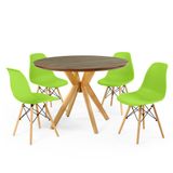 Conjunto Mesa De Jantar Redonda Marci Premium Natural 100cm Com 4 Cadeiras Eames Eiffel - Verde