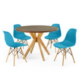 Conjunto Mesa De Jantar Redonda Marci Premium Natural 100cm Com 4 Cadeiras Eames Eiffel - Turquesa