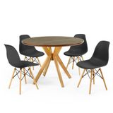 Conjunto Mesa De Jantar Redonda Marci Premium Natural 100cm Com 4 Cadeiras Eames Eiffel - Preto