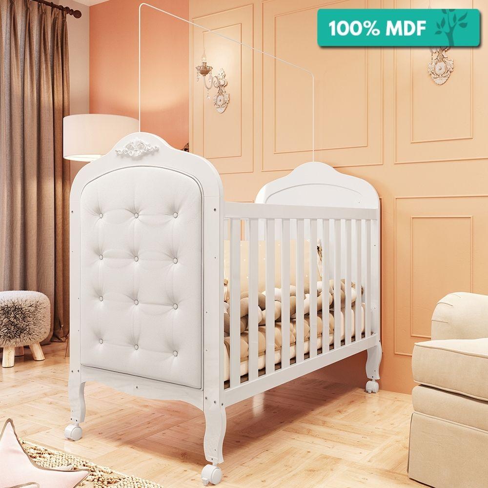 Berço Flex 3 Em 1 100% Mdf Vira Mini Cama E Mini Sofá Com Capitonê Elô Móveis Peroba Branco Brilho