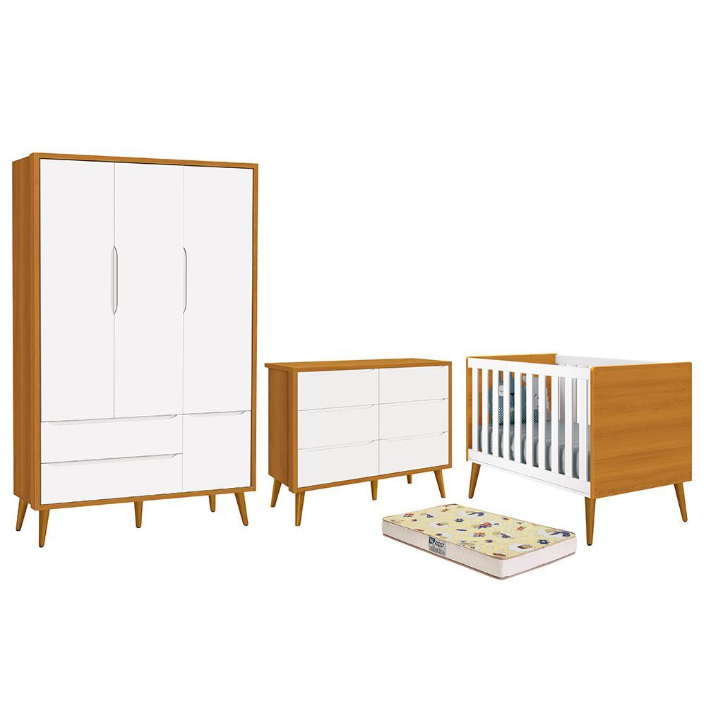 Dormitório Completo Infantil Theo 3 Portas, Cômoda 6 Gavetas, Berço Branco/savana Com Pés Amadeirado E Colchão D18 - Reller Móveis