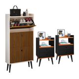 Kit Sapateira Vertical 3 Gavetas Basculantes Dark Off White/ripado E 2 Mesinhas Canto Quarto Nicho Decorativo Dream Preto/cinamomo Rpm