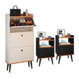 Kit Sapateira Vertical 3 Gavetas Basculantes Dark Off White/cinamomo E 2 Mesinhas Canto Quarto Nicho Decorativo Dream Preto/cinamomo Rpm