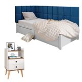Kit Mesinha Dream Off White/freijó Pés Retrô 2 Gavetas E Cabeceira Suspensa Lateral Aurora Azul Cama Box Solteiro - Rpm Móveis