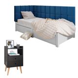 Kit Mesinha Dream Preto Pés Retrô 2 Gavetas E Cabeceira Suspensa Lateral Aurora Azul Cama Box Solteiro - Rpm Móveis