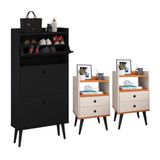 Kit Sapateira Vertical 3 Gavetas Basculantes Dark Preto E 2 Mesinhas Canto Quarto Nicho Decorativo Dream Off White/cinamomo Rpm