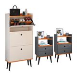 Kit Sapateira Vertical 3 Gavetas Basculantes Dark Off White/cinamomo E 2 Mesinhas Canto Quarto Nicho Decorativo Dream Cinza/cinamomo Rpm