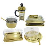 Kit Café Da Manhã 5 Peças Porta Frio + Porta Pão + Porta Bolo + Açucareiro + Cafeteira Dourado Fineza