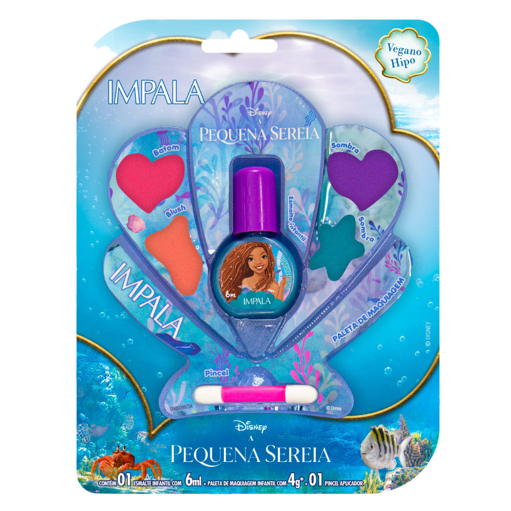 Kit Maquiagem Infantil Impala Disney Pequena Sereia Com Esmalte Infantil 6ml Paleta De Maquiagem 4g E Pincel Aplicador