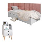 Kit Mesinha Dream Branco Pés Retrô 2 Gavetas E Cabeceira Suspensa Lateral Aurora Rose Cama Box Solteiro - Rpm Móveis