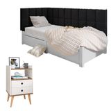 Kit Mesinha Dream Off White/freijó Pés Retrô 2 Gavetas E Cabeceira Suspensa Lateral Aurora Preto Cama Box Solteiro - Rpm Móveis