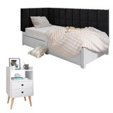 Kit Mesinha Dream Branco Pés Retrô 2 Gavetas E Cabeceira Suspensa Lateral Aurora Preto Cama Box Solteiro - Rpm Móveis