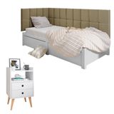 Kit Mesinha Dream Branco Pés Retrô 2 Gavetas E Cabeceira Suspensa Lateral Aurora Bege Cama Box Solteiro - Rpm Móveis