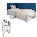 Kit Mesinha Dream Branco Pés Retrô 2 Gavetas E Cabeceira Suspensa Lateral Aurora Azul Cama Box Solteiro - Rpm Móveis