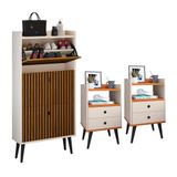 Kit Sapateira Vertical 3 Gavetas Basculantes Dark Off White/ripado E 2 Mesinhas Canto Quarto Nicho Decorativo Dream Off White/cinamomo Rpm