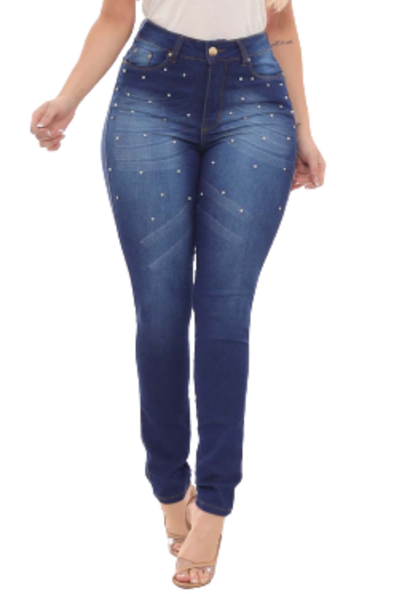 Calça Feminina Skinny Jeans Simples Detalhe De Risco Perolado Com Brilho