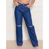 Calça Feminina Wide Leg Jeans Escuro Com Rasgo No Joelho