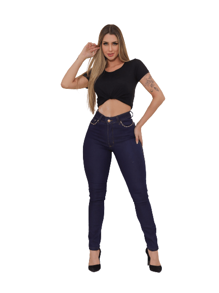 Calça Feminina Skinny Jeans Escuro Com Strass Ao Redor Do Bolso