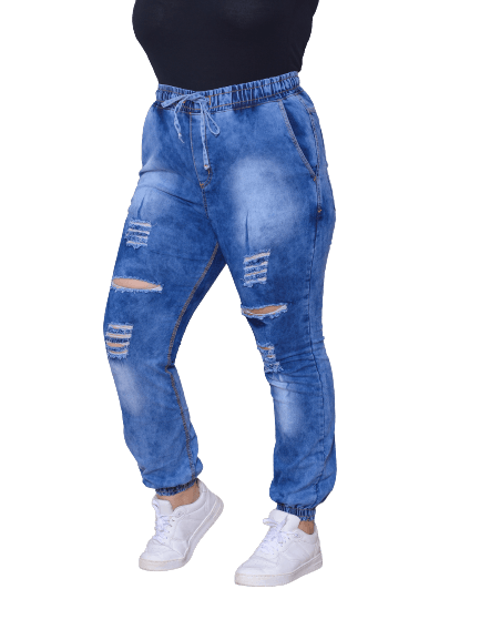 Calça Feminina Jogger Jeans Claro Lazúli Com Detalhe De Rasgo