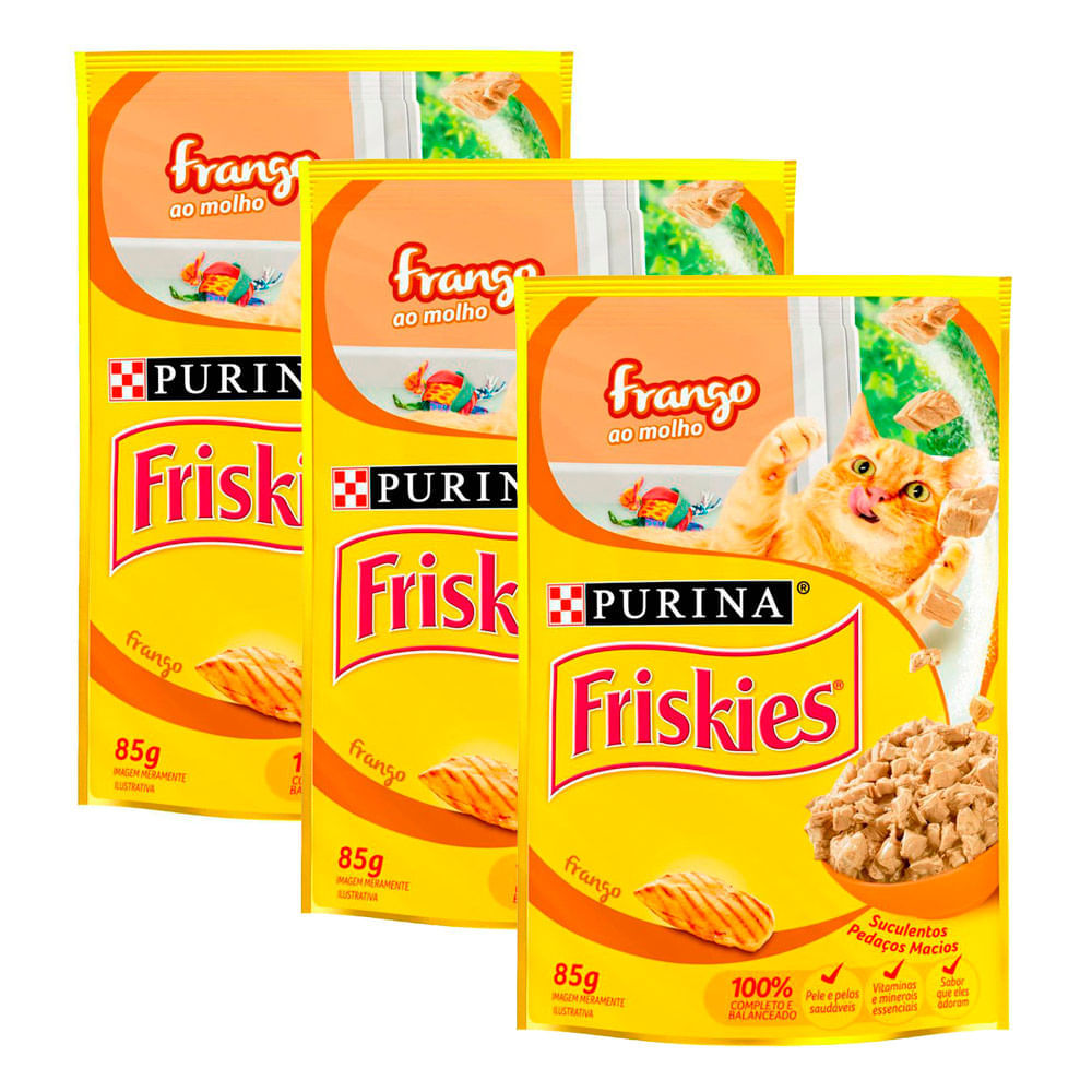 Kit 3 Ração Úmida Para Gato Friskies Adulto Sabor Frango Ao Molho Em Sachê 85g