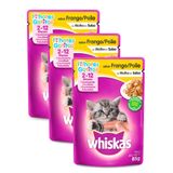 Kit 3 Ração Para Gatos Whiskas Filhotes 2-12 Meses Sachê Sabor Frango Ao Molho 85g