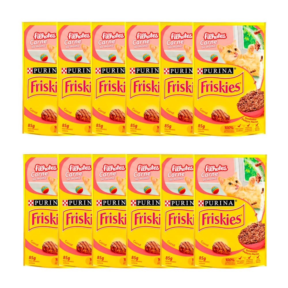 Ração Úmida Para Gatos Friskies Filhotes Sabor Carne Ao Molho Em Sachê 85g | Kit Com Doze Unidades