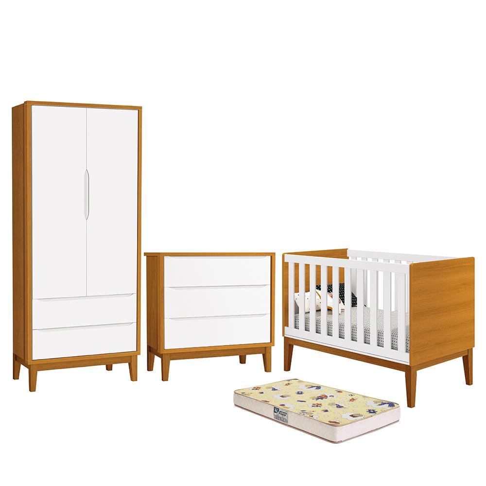 Dormitório Infantil Classic 2 Portas, Cômoda, Berço Branco/savana Com Pés Amadeirado E Colchão D18 - Reller Móveis