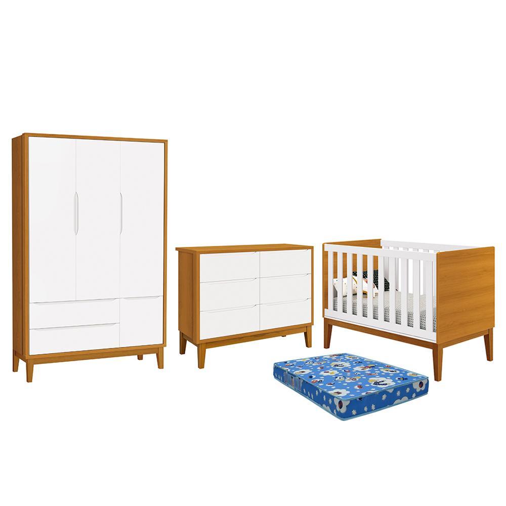 Dormitório Infantil Classic 3 Portas, Cômoda 6 Gavetas, Berço Branco/savana Com Pés Amadeirado E Colchão - Reller Móveis