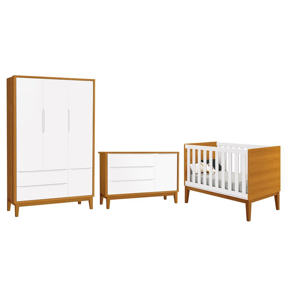 Dormitório Infantil Classic 3 Portas, Cômoda 1 Porta E Berço Branco/savana Com Pés Amadeirado - Reller Móveis