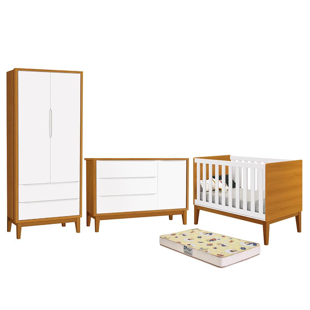 Dormitório Infantil Classic 2 Portas, Cômoda 1 Porta, Berço Branco/savana Com Pés Amadeirado E Colchão D18 - Reller Móveis