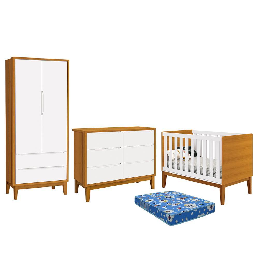 Dormitório Infantil Classic 2 Portas, Cômoda 6 Gavetas, Berço Branco/savana Com Pés Amadeirado E Colchão - Reller Móveis