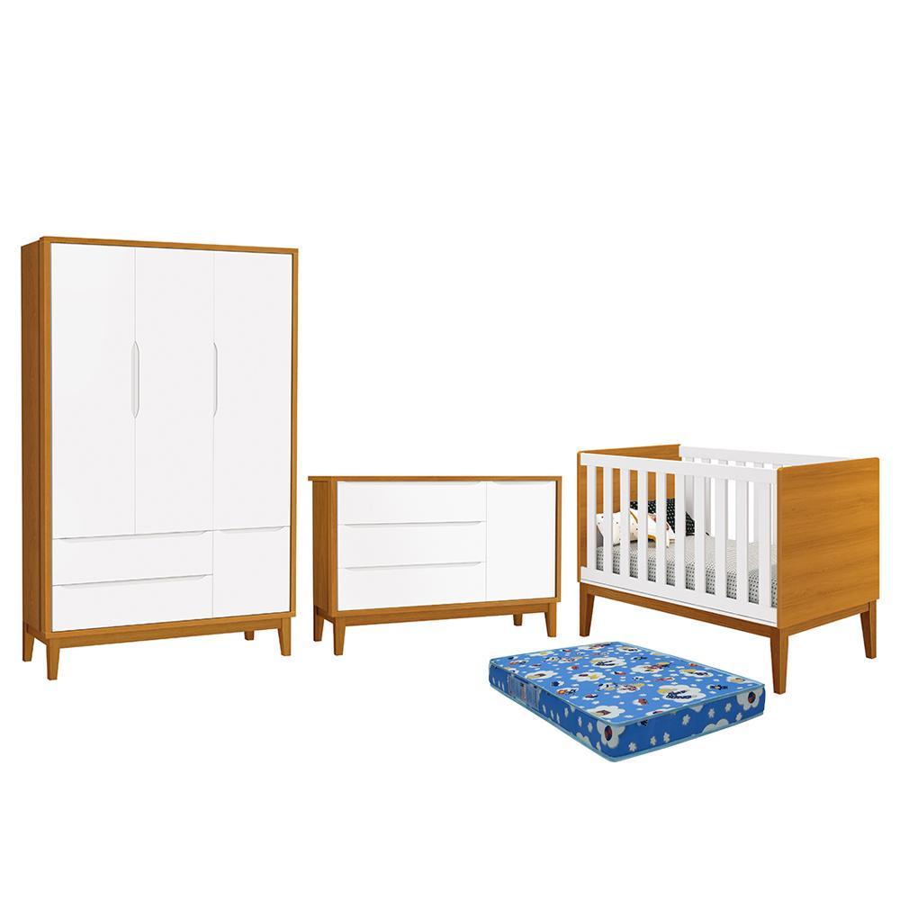 Dormitório Infantil Classic 3 Portas, Cômoda 1 Porta, Berço Branco/savana Com Pés Amadeirado E Colchão - Reller Móveis